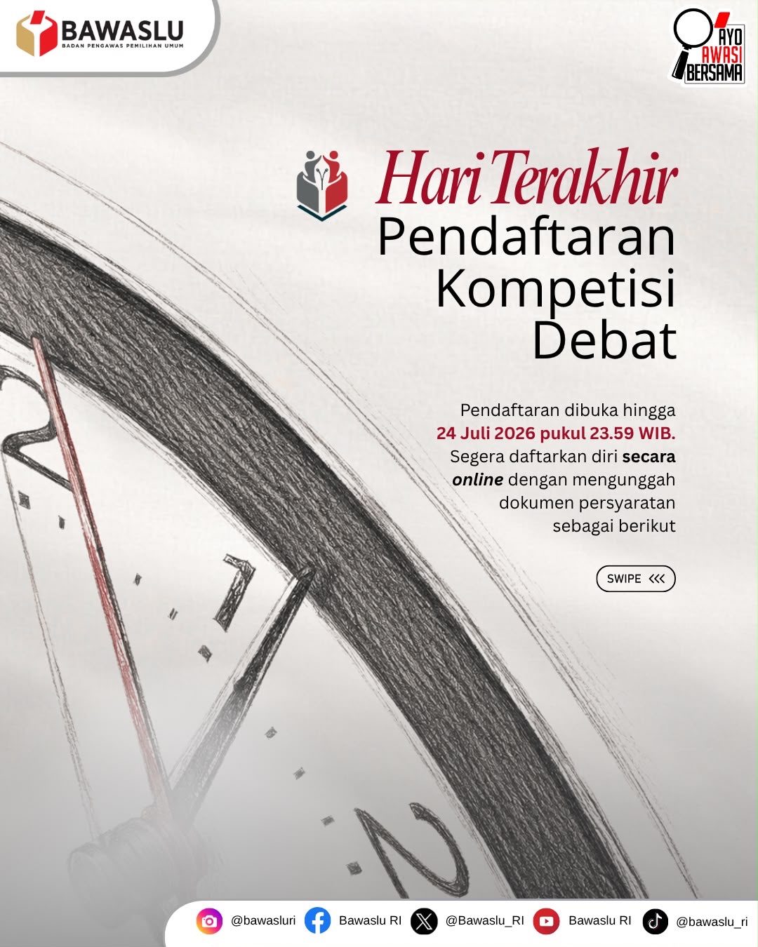 Pendaftaran Kompetisi Debat Penegakan Hukum Pemilu antar Perguruan Tinggi Se-Indonesia ke-6 Tahun 2026 akan ditutup tanggal 24 Juli 2026
